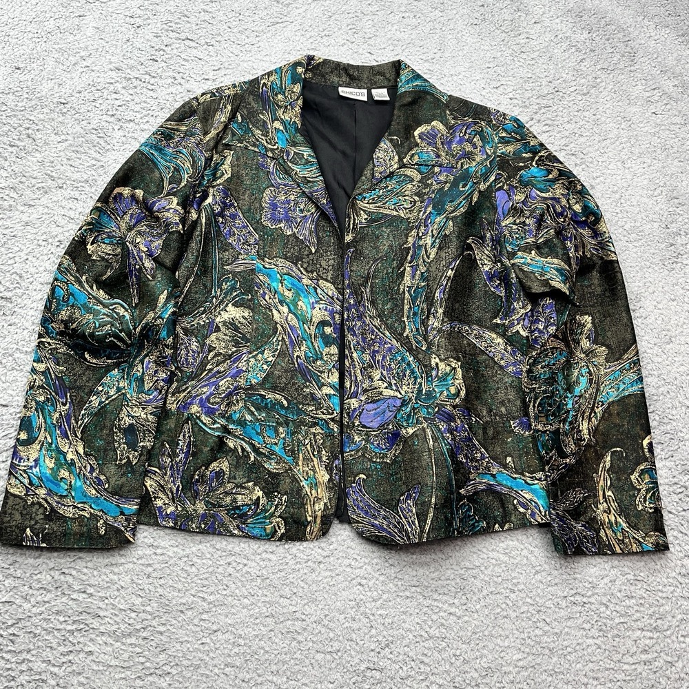 Chicos Jacket Womens L/12 Chicos Sz 2 Black Floral Teal Purple‎ Flowers CorpCore